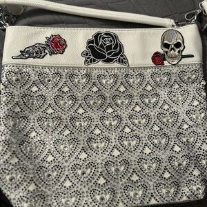 White Crossbody Bag with Black Rose, Red Rose & Skull Patches